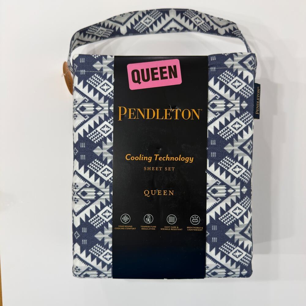 Pendleton QUEEN Sheet Set Cooling Westward Journey Navy Geometric 4 Piece NWT